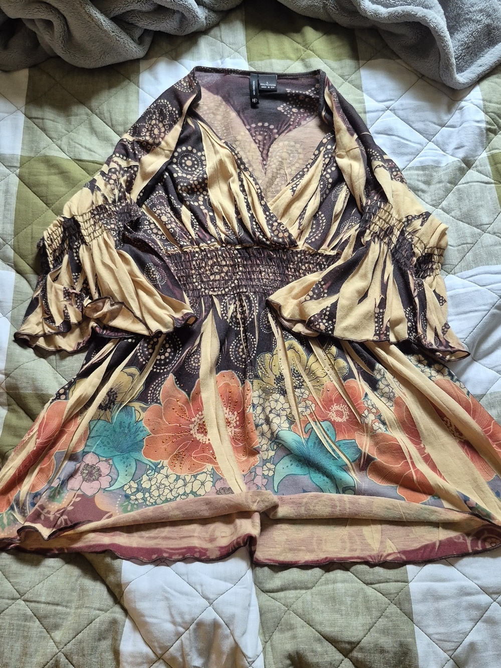 new directions Floral V-Neck Boho Blouse in Brown, Mustard, Teal & Coral